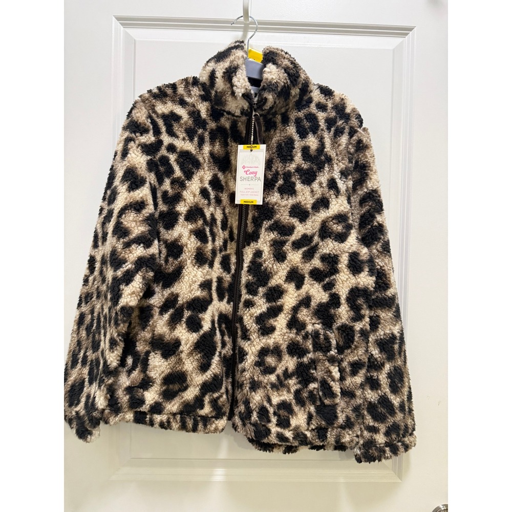 Member's Mark Womens Leopard Print Cozy Sherpa Full Zip Jacket Brown Tan Medium
